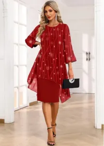 Modlily Red Fake 2in1 Snowflake Print High Low Dress - L