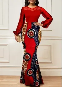 Modlily Red Lace Tribal Print Long Sleeve Maxi Bodycon Dress - S