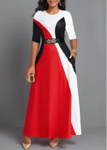 Modlily Red Pocket Three Quarter Length Sleeve Maxi Dress - L