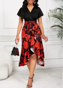 Modlily Red Ruffle Floral Print High Low Belted Dress - 2XL