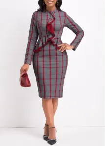 Modlily Red Ruffle Plaid Long Sleeve Stand Collar Bodycon Dress - XXL
