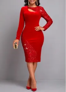 Modlily Red Sequin Long Sleeve Round Neck Bodycon Dress - XXL