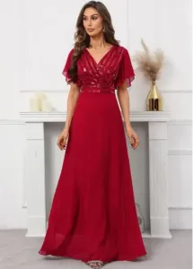 Modlily Red Sequin Short Sleeve V Neck Dress - XXL