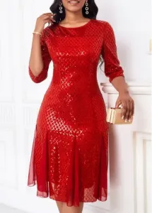 Modlily Red Sequin Three Quarter Length Sleeve Dress - L
