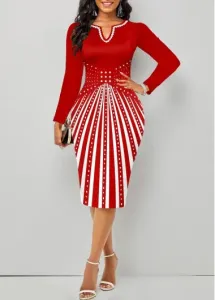 Modlily Red Split Geometric Print Long Sleeve Bodycon Dress - XXL