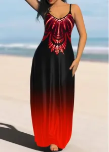 Modlily Red Tribal Print Ombre Strappy Maxi Dress - L