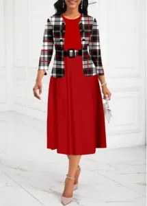 Modlily Red Two-Piece Plaid Belted Round Neck Dress and Cardigan - L