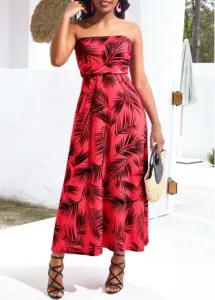 Modlily Red Umbrella Hem Leaf Print Sleeveless Maxi Dress - L