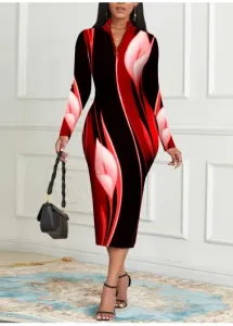 Modlily Red Zipper Floral Print Long Sleeve Bodycon Dress - XXL