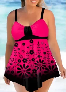 Modlily Rose Red Floral Print Ombre Plus Size Swimdress Top - 1X