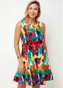 Modlily Round Neck Printed Multi Color A Line Dress - XL