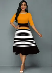Modlily Round Neck Striped Contrast A Line Dress - XL