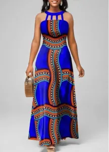 Modlily Royal Blue Cage Neck Tribal Print Maxi Dress - M #857912