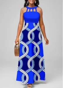 Modlily Royal Blue Cage Neck Tribal Print Maxi Dress - M #897630
