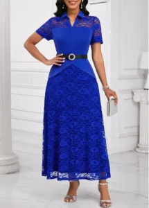 Modlily Royal Blue Lace Short Sleeve Shirt Collar Maxi Dress - L