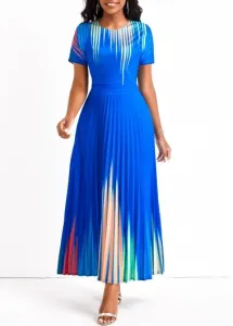 Modlily Royal Blue Pleated Ombre Short Sleeve Maxi Dress - XXL