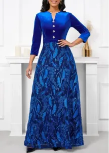 Modlily Royal Blue Velvet Three Quarter Length Sleeve Maxi Dress - XXL