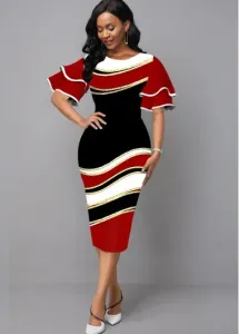 Modlily Ruffle Sleeve Round Neck Geometric Print Dress - L