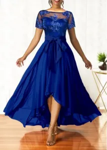 Modlily Sapphire Blue Belted Lace Short Sheer Sleeve Wedding Guest Dress Maxi Dress - L