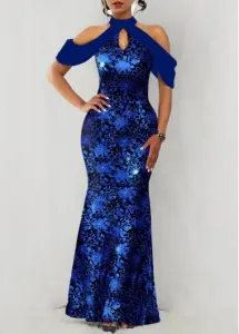 Modlily Sapphire Blue Hot Stamping Floral Print Maxi Dress - M