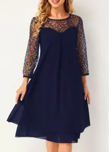 Modlily Sequin Lace Stitching Navy Blue Dress - L
