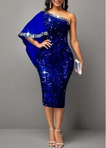 Modlily Sequin Skew Neck Royal Blue Dress - L