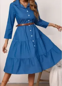 Modlily Shirt Collar Denim Blue Button Belted Dress - L