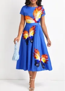 Modlily Sky Blue Pleated Butterfly Print Short Sleeve Dress - L
