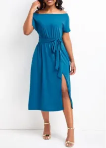 Modlily Sky Blue Split Short Sleeve Off Shoulder Dress - XL