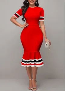 Modlily Stripe Print Short Sleeve Red Dress - M