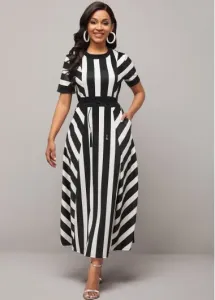 Modlily Striped Round Neck Belted Color Block Dress - M
