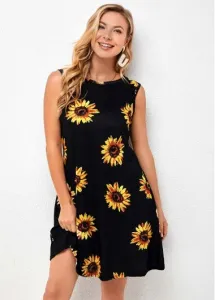 Modlily Sunflower Print Sleeveless Round Neck Dress - S