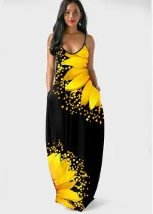 Modlily Sunflower Print Spaghetti Strap Side Pocket Maxi Dress - S