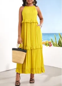Modlily Tie Back Yellow Ruched Sleeveless Maxi Dress - L