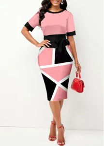 Modlily Tie Front Geometric Print Short Sleeve Pink Dress - L