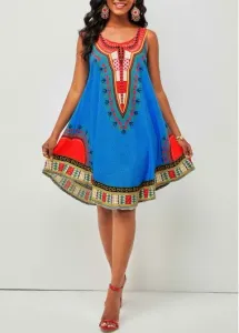Modlily Tribal Print Round Neck Wide Strap Dress - S