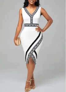 Modlily Tribal Print Sleeveless V Neck White Dress - XL