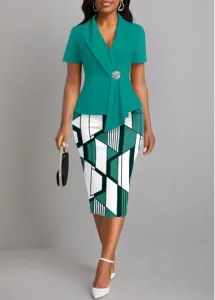 Modlily Turquoise Fake 2in1 Geometric Print Short Sleeve Bodycon Dress - XXL