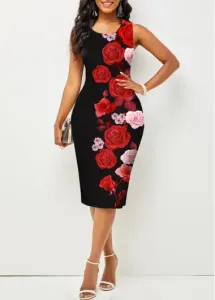 Modlily Valentines Round Neck Rose Print Dress - S