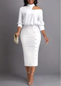 Modlily White Asymmetry Three Quarter Length Sleeve Bodycon Dress - S