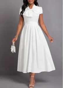 Modlily White Bowknot Short Sleeve Stand Collar Dress - XXL