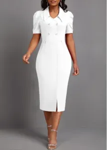 Modlily White Button Short Sleeve Bodycon Dress - M