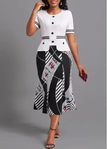 Modlily White Contrast Binding Geometric Print Bodycon Dress - M