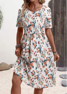 Modlily White Double Side Pockets Floral Print Short Sleeve Dress - L