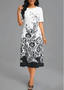 Modlily White Floral Print Short Sleeve Round Neck Dress - S