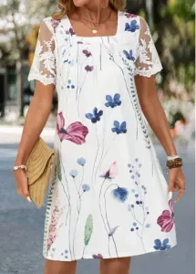Modlily White Lace Floral Print Short A Line Dress - 3XL