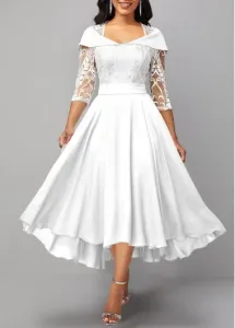 Modlily White Lace Cocktail Dress Patchwork X Shape Midi Corset Dress Sheer Sleeve 3/4 Sleeve Dress - M