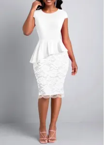 Modlily White Lace Short Sleeve Round Neck Bodycon Dress - S