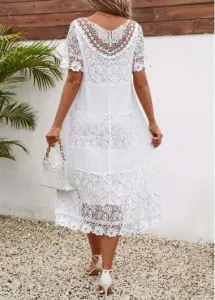 Modlily White Lace Short Sleeve Round Neck Dress - L