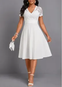 Modlily White Lace Short Sleeve V Neck Dress - L